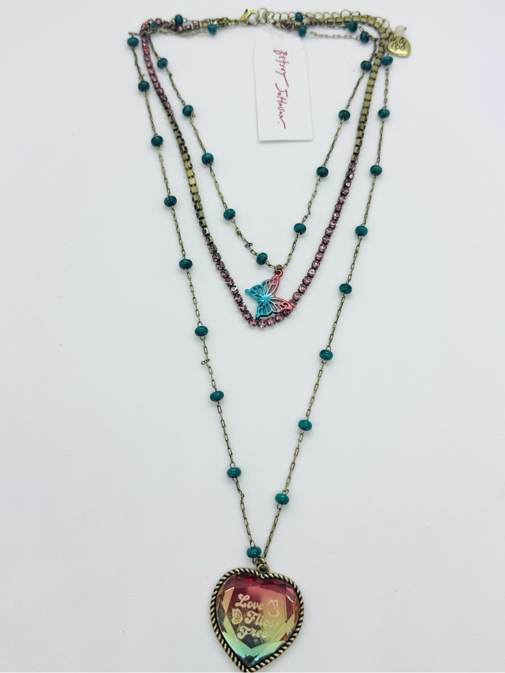 Betsey Johnson Teal & Pink BOHO Multi-Layered Butterfly and Heart Necklace